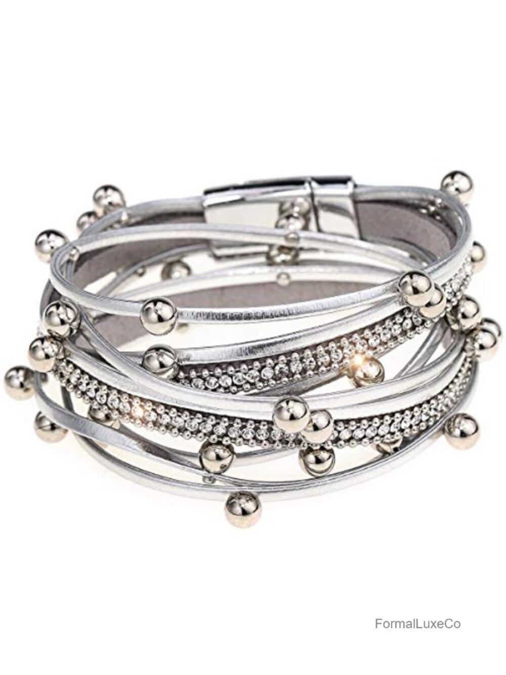 Layered Faux Leather Wrap Bracelet with Magnetic Buckle and Rhinestone Beads